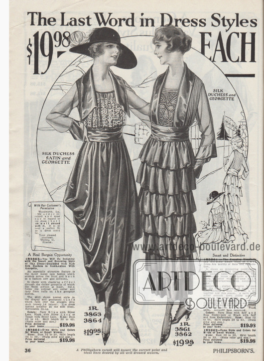 „Das letzte Wort in der Kleidermode“ (engl. „The Last Word in Dress Style“).
Zwei besonders elegante Nachmittags- und Teekleider aus Seiden-Duchess-Satin und Georgette für jeweils 19,98 Dollar für modebewusste Damen.
Das Modell links besitzt ein blusenartiges Oberteil aus Silberlamé-Spitze und einen beidseitig spitz zulaufenden, flach abgerollten Satinkragen. Die Ärmel bestehen aus duftigem Georgette. Die drapierte Tunika präsentiert die moderne Hüftbetonung.
Das rechte Kleid zeigt einen Stolakragen aus Satin, der unterhalb des Stoffgürtels verschwindet. Die Brustpartie ist aufwendig mit Seidenstickerei bestickt. Die Seiten und die Rückseite sind mit Akkordeonplissee gedeckt. Der Rock besteht aus sieben rüschenartigen Volants.