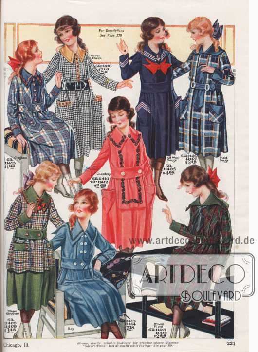 Tages- und Schulkleider aus grob kariertem Gingham, Baumwollgewebe im „Shepherd Check“ (dt. etwa Webmuster das Tartan genannt wird → Schottenmuster oder schottisches Karomuster), Woll-Serge, grob kariertem Serge und merzerisiertem Popeline, dickem Winter-Gingham, „Rep“, (geripptes Woll- oder Baumwollgewebe) oder Chambray für 7 bis 14-jährige Mädchen.
Die Kleider zeigen große aufgesetzte Taschen, farblich abstechende Stickerei bzw. Kragen- und Aufschlaggarnituren, Knopfverzierungen oder breite Stoffgürtel. Ein Kleid mit gelacktem Ledergürtel sowie ein Modell im Matrosen-Stil mit gestickten weißen Streifen und einer roten Halsschleife.