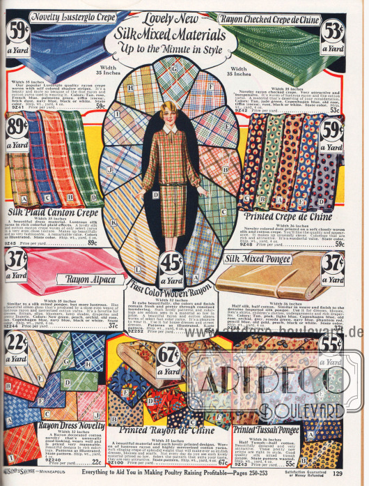 Seiden-Mischgewebe für Damen- und Mädchenkleider, Unterwäsche, Blusen und Hemden.
Die Nähstoffe sind glänzendes Rayon Krepp, kariertes Rayon Krepp, Seiden-Kanton Krepp, bedrucktes Seiden-Baumwoll-Crêpe de Chine, Rayon-Alpaka, farbechtes Rayon-Gewebe, importiertes Seiden-Pongee-Mischgewebe, Rayon-Baumwollgewebe, merzerisiertes Baumwollgewebe mit Beimischung von Rayon sowie bedruckte Tussah Seide mit Baumwollbeimischung.
Die Stoffpreise liegen zwischen 22 und 89 Cent pro Yard (91,44 cm), wobei die Stoffbreite der Meterware zwischen 32 und 36 Inch variiert (81,3 und 91,44 cm).
