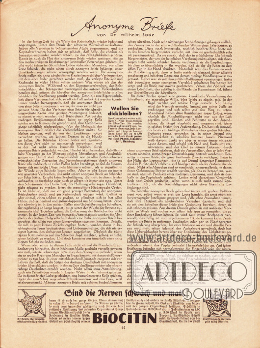 Artikel:
Bode, Dr. Wilhelm, Anonyme Briefe.
Werbung:
Ebus-Tee, Pharm. Industrie „Ist“, Hamburg;
Biocitin, Biocitinfabrik, Berlin SW 29/M.