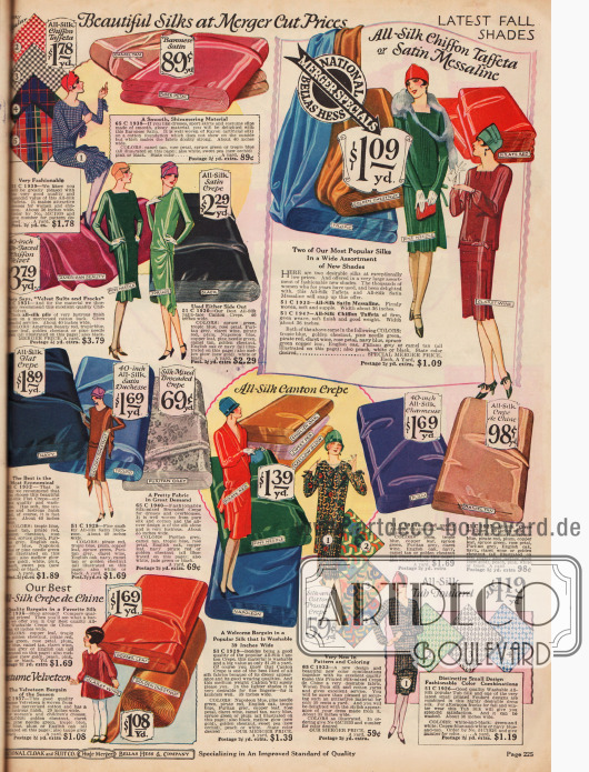 Doppelseite mit Seiden- und Seidenmischstoffen: Kreppstoff, Satin-Krepp, Crêpe de Chine, Georgette-Krepp, Rayon-Taft, Celanese (feinste Kunstseide), Chiffon-Taft, Satin-Messaline, Charmeuse und Brokat-Krepp.