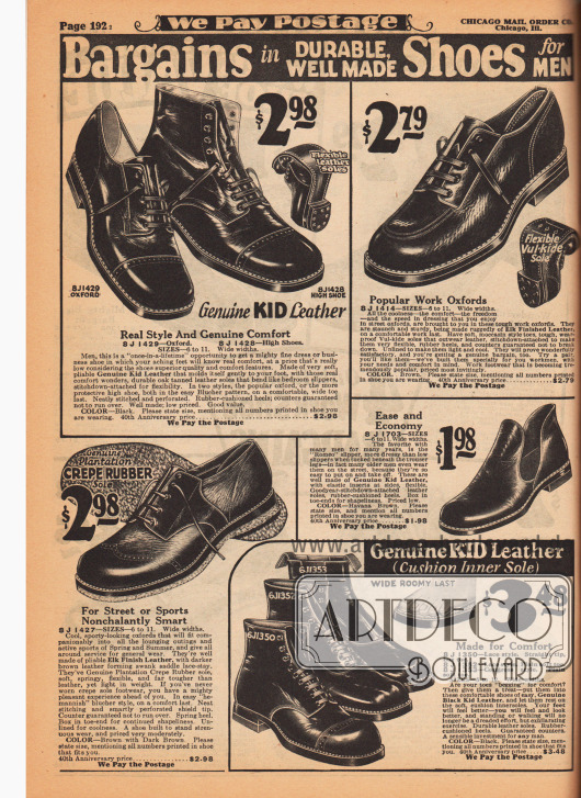 Günstige Herrenschuhe (Halbschuhe, kurze Stiefeletten und ein „‚Romeo‘ slipper“) aus Chevreauleder (Ziegenleder) oder Elchs-/Hirschleder für die Arbeit, als Straßenschuh oder für den Sport mit flexiblen und weichen Gummisohlen für guten Tragekomfort.