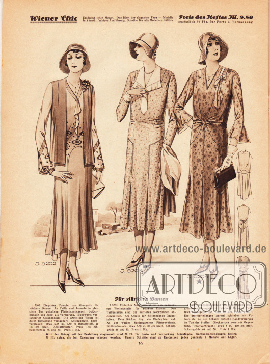 5202: Elegantes Complet aus Georgette für stärkere Damen. An Taille und Ärmeln in gleichem Ton gehaltene Plattstichstickerei. Seidenblenden und Jabot als Verzierung. Rückwärts verlängerter Glockenrock. Die ärmellose Weste ist durch Einfassung versäubert. Ansteckblüte.
5203: Einfaches Nachmittagskleid aus bedrucktem Wollmusselin für stärkere Damen. Den Taillenteilen sind die mittleren Rockbahnen angeschnitten. Am Rücken liegt ein Bindegürtel auf. An der weißen Seidengarnitur Plisseevolants.
5204: Hochsommerkleid aus bedrucktem, blaugrundigem Georgette für stärkere Damen. Taille leicht anliegend und vorn an der Passe gerafft. Die dreiviertellangen Ärmel schließen mit Volants ab. An den Achseln hübsche Bandverzierung im Ton des Stoffes. Glockenrock vorn mit Gegenfalte.