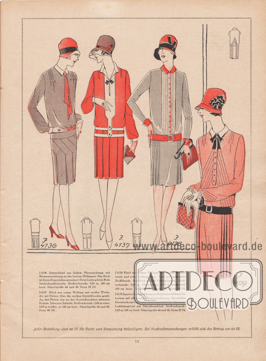 4136: Jumperkleid aus hellem Marocainkrepp mit Biesenausstattung an der breiten Hüftpasse. Der Rock ist durch Gegenfalten erweitert. Roter Ledergürtel. Rote Seidenbandkrawatte.
4137: Kleid aus rotem Wollrips mit weißer Weste, die mit Patten über die weißen Gürtelblenden greift. An den Patten wie an den Ärmelbündchen schwarze Knöpfe. Schwarze Schleife.
4138: Kleid aus hellem Wollrips mit weißer Seidenweste und roter Ledergarnitur. Vorn rote geknöpfte Stoffblende. Am Rock seitlich Faltengruppen.
4139: Apartes hochgeschlossenes Kleid aus rötlichem Veloutine mit effektvoller Biesenanordnung. Am weißen Garniturkragen schwarze Seidenbandschleife. Schwarzer Lackledergürtel mit Schallenschluß.