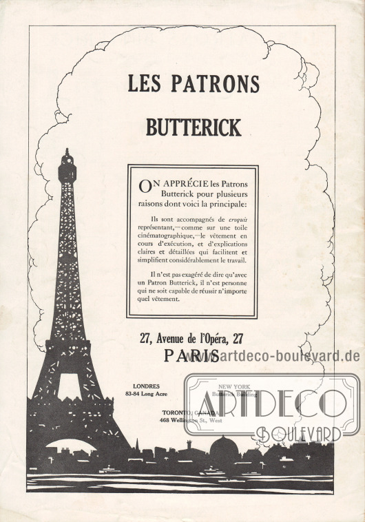 Rückseite mit der Werbung für die eigenen Butterick Schnittmuster, die über die französische Niederlassung 27, Avenue de l’Opéra, 27, Paris erhältlich waren.