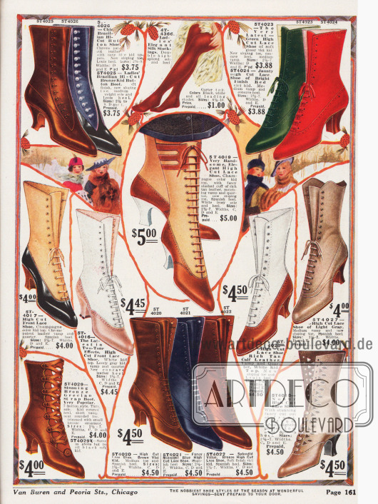 Hochgeschlossene, elegante Damenstiefel aus Ziegenleder und Lackleder.
Stiefel aus zwei-farbigem Leder (Mitte), ein Schnallenstiefel (links unten) und Stiefel mit großzügigen Ausstanzungen (rechts unten) sind besonders modisch. Besonders charakteristisch für die Stiefel sind sehr spitze Kappen und mittel hohe, geschwungene spanische Absätze.