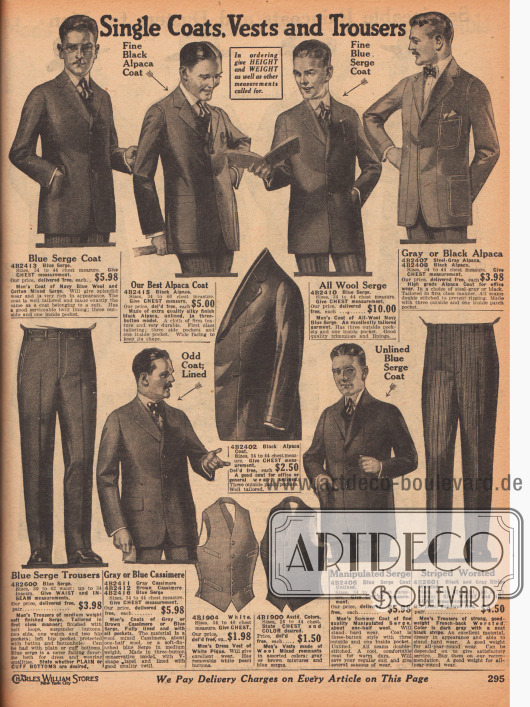 „Einzelne Sakkos, Westen und Hosen“ (engl. „Single Coats, Vests and Trousers“).
Offeriert werden sieben einreihige Sakkos aus Woll-Baumwoll-Serge, Alpaka-Wolle, Woll-Serge und Kaschmirwolle, zwei Westen aus weißem Pikee und grauem oder braunem Wollgewebe sowie zwei Anzughosen aus blauem Serge oder blau-grau gestreiftem Kammgarn.