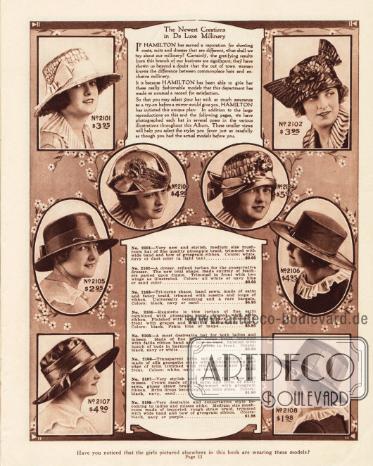Seite mit fünf breitkrempigen Sommerhüten aus dem Geflecht des Ananasstrauches (Nr. 2101), mailändischem Hanf (2105), Seiden-Georgette Krepp (2106), Satin und glänzendem Strohgeflecht (2107) oder grobem Strohgeflecht (2108).
Des Weiteren werden hier drei Turbane aus mit Federn verzierten Drahtgeflechten (2102) und anderen Strohgeflechten. Sämtliche Hüte sind mit Ripsbändern verziert.