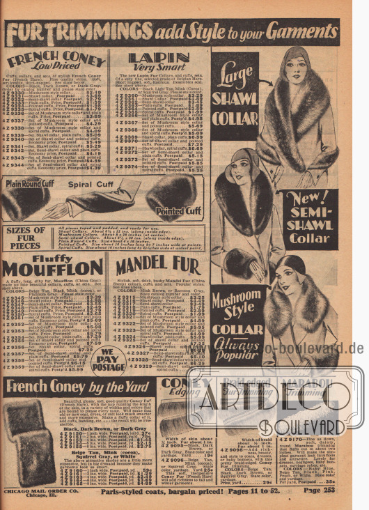 Pelzbesätze aus Mufflon (Wildschaf), „french coney“ (französischem Kaninchen), „lapin fur“ (begischem Kaninchen), „mandel fur“ (chinesischem Schaf) und Marabufedern zum Aufwerten eines gekauften oder selbst genähten Mantels oder Jäckchens an Ärmel oder Kragen.