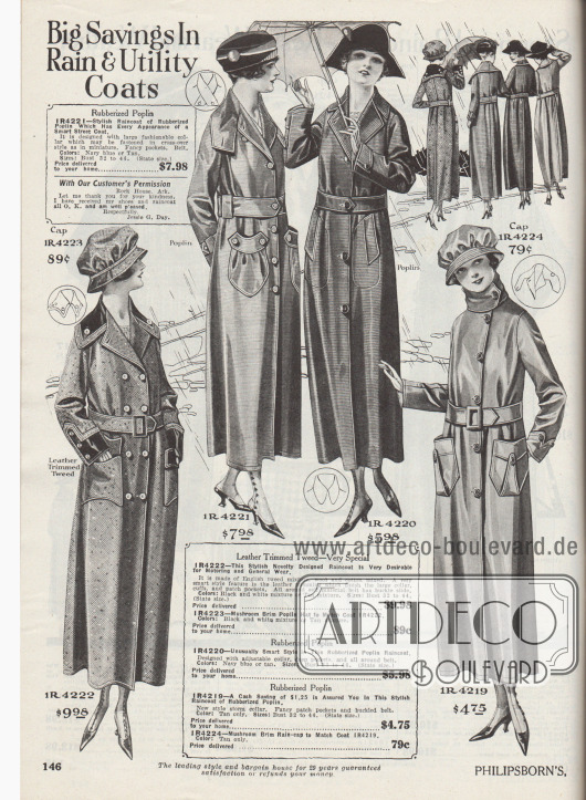 „Große Einsparungen bei Regen- und praktischen Straßenmänteln “ (engl. „Big Savings In Rain & Utility Coats“).
Regenmäntel und Automäntel bzw. Staubmäntel aus englischem Woll-Tweed-Mischgewebe (Wolle und Baumwolle) oder überwiegend gummiertem Popeline. Die Mäntel besitzen große aufgesetzte und interessant geformte Beuteltaschen. Die Kragen sind konvertierbar. Ein Mantel mit ledergedecktem Kragen links unten.