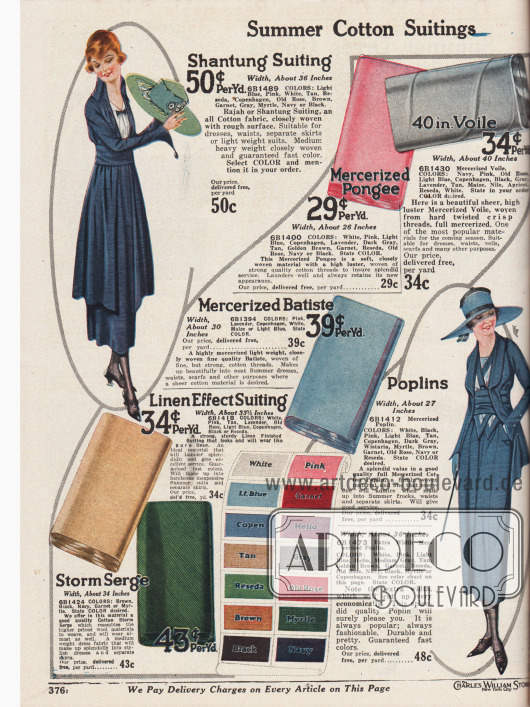 „Sommerliche Baumwoll-Anzugstoffe“ (engl. „Summer Cotton Suitings“).
Leichte, einfarbige Baumwollstoffe für Sommerkostüme und Sommerkleider wie Shantung (reines, dicht gewebtes Baumwollgewebe mit rauer Oberfläche), merzerisiertes Pongee (Seide), matt glänzendes Voile (Schleierstoff), merzerisierter Batist, Baumwolle in Leinenverarbeitung, merzerisierte Popeline sowie Baumwoll-„Storm“-Serge. Unten mittig ist eine Farbtafel mit bestellbaren Farben abgebildet.
Die Preise beziehen sich auf einen Yard (91,44 cm). Die Breite der angebotenen Gewebe variiert von 26 bis 40 Inch (66,04 und 101,6 cm).