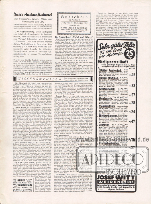 Artikel:
O. V., Unser Auskunftsdienst über Wirtschafts-, Steuer-, Miets- und Rechtsfragen aller Art;
O. V., Wissenswertes.
Werbung:
Josef Witt Weiden;
Samthaus Schmidt, Hannover.