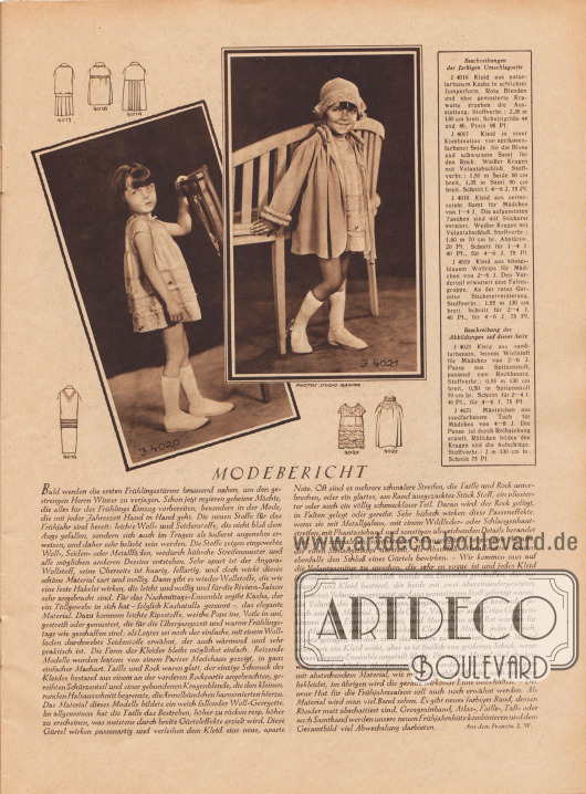 Artikel:
W., L., Modebericht (aus dem Französischen).
4020: Kleid aus sandfarbenem, feinem Wollstoff für Mädchen von 2 bis 6 Jahre. Passe aus Spitzenstoff, passend zum Rockbesatz. Schnitt für 2 bis 4 bzw. 4 bis 6 Jahre.
4021: Mäntelchen aus sandfarbenem Tuch für Mädchen von 4 bis 8 Jahre. Die Passe ist durch Reihziehung erzielt. Röllchen bilden den Kragen und die Aufschläge.
Fotos: Studio Rahma, Paris.