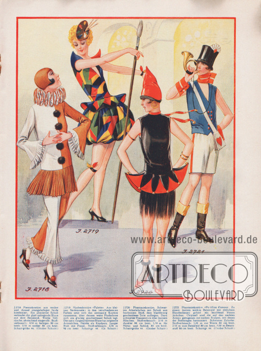 Kostüme für Silvester 1926/27 und für Fasching 1927.
Zuerst ein Pierrotkostüm aus weißer und dunkeloranger Seide mit Plisseeschoß und Tüllrüsche am Kragen. Weiße Rüschen schließen zudem Ärmel und Hosenbeine ab.
Das Maskenkostüm „Palette“ besteht aus vielen kleinen Seidenresten. Über die sehr weit ausladene Pluderhose legt sich ein glockig geschnittener Schoß. Als Kopfputz dient eine Farbpalette.
Das dritte Kostüm besteht aus einem schwarzen Atlasleibchen mit einem Schoß aus hochrotem Stoff, dem blattförmig geschnittene Teile aufliegen. Dazu wird ein kurzes schwarzes Höschen getragen über das sich ein schwarzer Fransenrock legt.
Das letzte Kostüm nennt sich „Postillon d’amour“ (dt. in etwa „Liebesbote“) und besteht aus einer weißen kurzen Hose mit einem blauen Jäckchen. Die auf der nackten Haut getragenen Ärmelstulpen passen farblich zum Stehkragen. Dazu wir ein schwarzer Zylinder getragen.