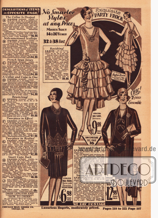 Oben ein elegantes und feines Tanzkleid aus Seiden-Taft, unten links ein mondänes Tageskleid Seiden-Satin mit Einsätzen aus bedrucktem Samt und rechts unten ein kleidsames, zweiteiliges Ensemble aus Seiden-Satin Krepp für Backfische (junge Frauen im Alter von 14 bis 20 Jahre).
In der linken Spalte befinden sich die Beschreibungen für die Kleider auf der gegenüberliegenden Farbseite 106.