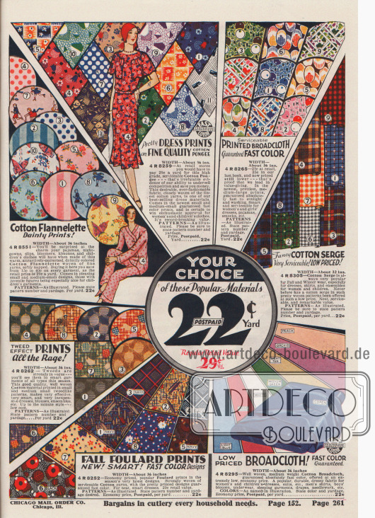 Bedruckte Kleiderstoffe (Foulard, Baumwoll-Flanell, Baumwoll-Serge, Pongee und Breitgewebe) zum Preis von 22¢ pro Yard.