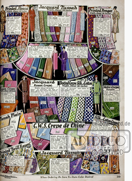 Bundbedruckte Kleiderstoffe wie ein Alpaka-Rayon-Baumwollmischstoff, Jacquard, Pongee (Seide), Rayon Krepp sowie Baumwoll- und Seiden Krepp.