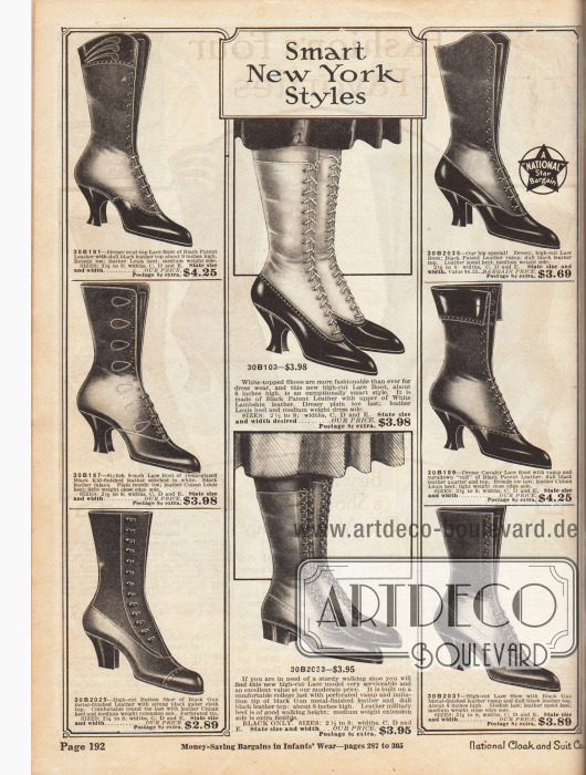 „Fesche New Yorker Moden“ (engl. „Smart New York Styles“).
Damenstiefel aus Lackleder, Lammleder oder Chevreauleder (Ziegenleder). Die Kombination von verschiedenfarbigen Ledersorten oder stumpfem oder glänzendem Leder ergibt eine besonders elegante Wirkung. Die Tops der Schnürstiefel sind entweder gerade oder oval. Ein Modell zeigt einen aufgeschlagenen „Kragen“ (Kavallerie Schnürstiefel). Die Schuhkappen sind spitz geformt, wie es in den späten 1910er Jahren in Mode war. Nähte und dekorative Perforationen verschönern die Optik. Geschwungene Louis XIV Absätze, kubanische Absätze oder niedrige Militärabsätze sind an den einzelnen Modellen zu finden.