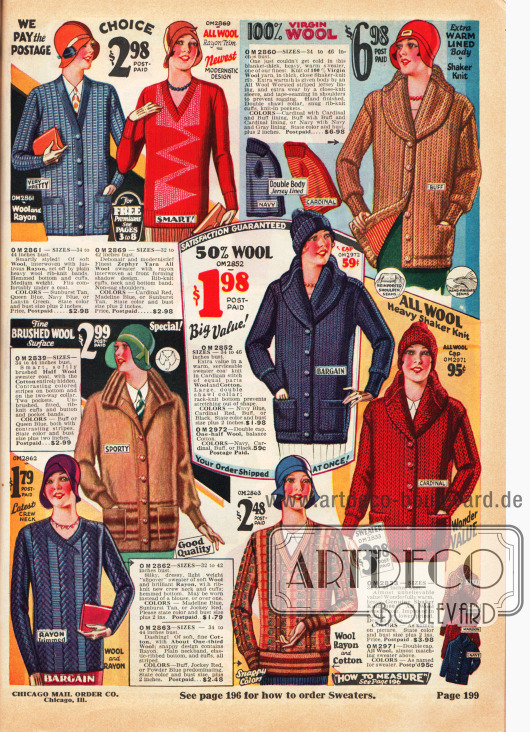 Strickjacken (Cardigans) und Strickpullover für kalte Tage oder sportliche Aktivitäten für Frauen aus Wolle, Rayon, Baumwolle und gekämmter Wolle.