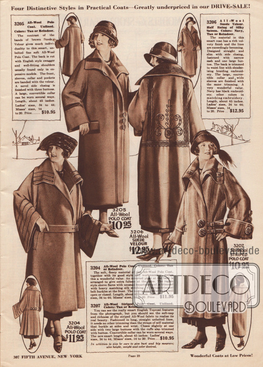 Mäntel für Frühjahr und Sommer 1924 aus unifarbenen, reinen Wollgeweben oder Woll-Velours. Weiter Schnitt und weite, teilweise glockig aufgehende Ärmel sind immer noch en vogue.
Der erste Mantel zeigt Seidenstickerei an Kragen und Unterärmeln. Dunklere Veloursstreifen zieren den zweiten Mantel, der ohne Gürtel auskommt. Der dritte Mantel präsentiert eine großflächige Stickerei im Rücken und am Kragen. Aus gestreiftem Woll-Polo ist der letzte Mantel. Schmale Doppelgürtel mit Schnalle sind nicht nur an der Taille, sondern auch an Kragen und Unterärmeln zu finden.