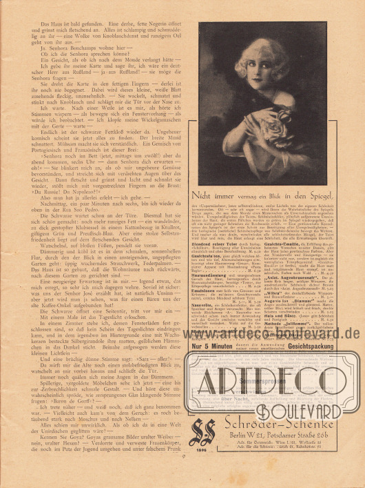 Artikel (Novelle):
Rosner, Karl (1873-1951), Das Gespenst der Liebe.
Werbung:
Schröder-Schenke, Berlin W 21, Potsdamer Straße 26b.
Foto: unbekannt.