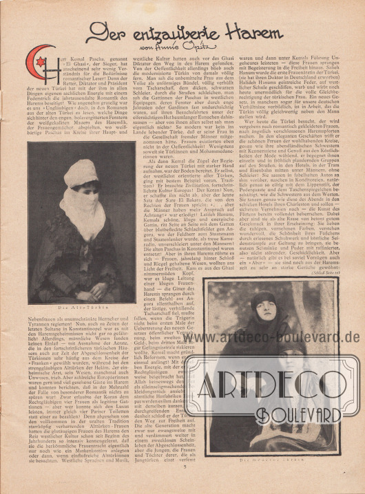 Artikel:
Opitz, Annie, Der entzauberte Harem.
Zum Artikel sind zwei Fotografien abgebildet mit den Bilderläuterungen „Die Alt-Türkin“ sowie „Die moderne Türkin“.
Fotos: unbekannt/unsigniert.