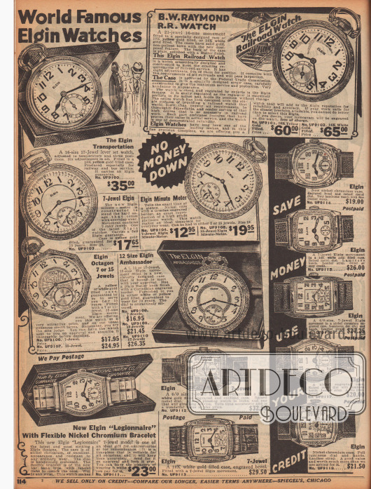 Doppelseite mit einer großen Auswahl an Taschenuhren und Armbanduhren für Frauen (rechts) und Männer (links). Gerade die Frauenarmbanduhren sind schmaler und filigraner in ihren Details, Gravuren und Ausführungen, die Uhren für Männer sind etwas größer und „maskuliner“ in ihrer Erscheinung. Die Bänder sind aus Metall oder Leder. Manche Uhren sind mit kleinen Edelsteinen versehen oder besitzen fluoreszierende Punkte oder Ziffern.
