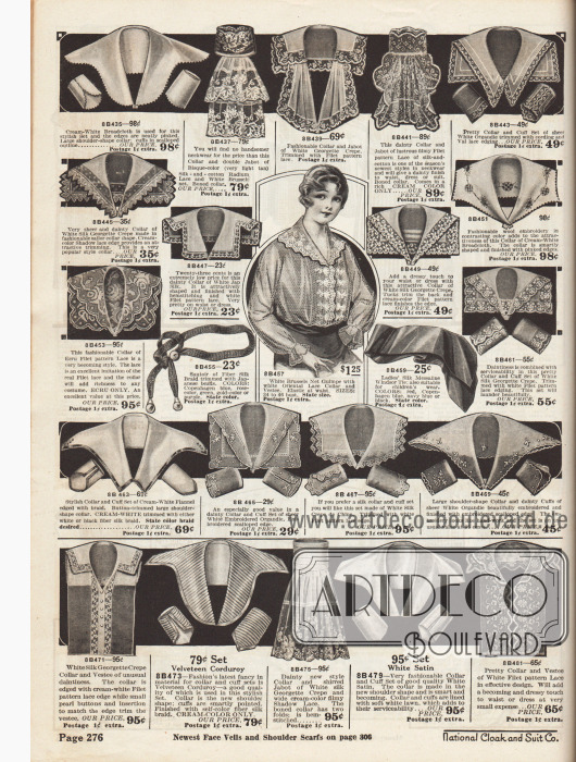 Garnituren und Weißwaren zum Annähen an selbst genähten Kleidern. Die Kragen, Jabots, Westen und Ärmelaufschläge bestehen aus Breitgewebe, Seiden-Baumwolle, Georgette Krepp, Organdy, Seiden-Georgette Krepp, japanischer Seide, Ércu-Spitze, Seiden Crêpe de Chine, Samt Kord oder Satin. Stickereien, Spitzenränder und Borten dienen als Verzierungen.
In der Mitte der Seite befinden sich außerdem eine lange Halskette aus Seidenfasern mit japanischen Glaskugeln, ein Blusenoverlay aus Brüsseler Netzstoff und Spitze sowie eine Windsor Krawatte aus Seiden- Messaline.