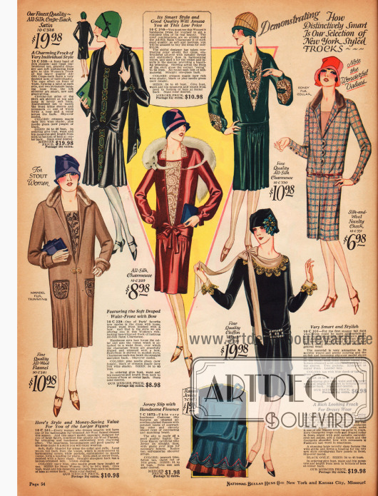 Doppelseite mit Damenkleidern in verschiedensten Aufmachungen. Die verwendeten Stoffe sind Woll-Flanel, Seiden-Krepp, Seiden-Charmeuse, Chiffon-Samt, Wollstoff und Seiden-Samt.
Viele Kleider zeigen blusenartige Aufmachungen mit großflächigen Westeneinsätzen oder interessante Kragenarten und Drapierungen.