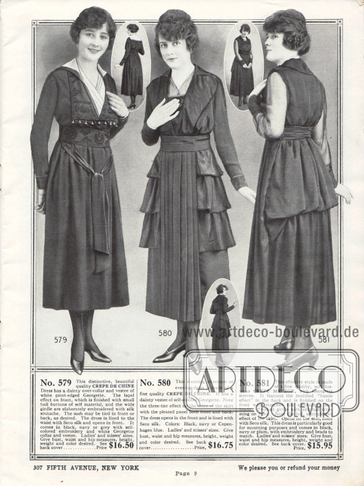Exklusive und elegante Kleider aus Crêpe de Chine sowie Crêpe Meteor (weiches Seidenkrepp, Satin ähnliches Aussehen). Das erste Kleid zeigt Stickereien in unauffälliger Färbung, eine Schärpe, die in der Front verknotet ist und einen Westeneinsatz aus Georgette.
Das mittlere Kleid präsentiert einen Plisseeeinsatz vorne und hinten. Seitlich zeigen sich dreistufige Volants. Das dritte Kleid besitzt über dem Gesäß eine drapierte Stofflage, die tournürenartig die Partie betont.