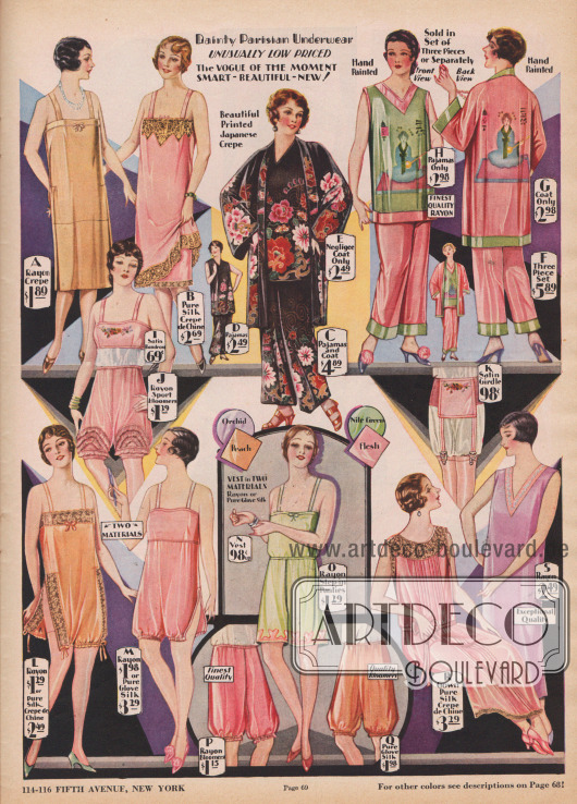 Damenunterwäsche und Pyjamas aus Rayon, Rayon Krepp, Seiden Crêpe de Chine und teilweise mit Spitze. Die eleganten Pyjamas oben rechts sind aus leuchtend farbig bedrucktem, glänzendem Seiden Krepp und Rayon Jersey mit japanischen Motiven. Sie bestehen aus drei Teilen, die alle separat bestellt werden können (D-H).
Bei der Unterwäsche sind Unterröcke (A, B), ein Bustier (I), Pumphöschen (J, O, P, Q), ein Hüfthalter (K), einteilige Hemd-Höschen Kombinationen (L, M), ein Hemdchen (N) sowie zwei Nachthemden (R, S) zu finden. Die gängigen Farben für die hier gezeigte Unterwäsche sind „Orchid“, „Peach“, „Nile Green“ und „Flesh“.