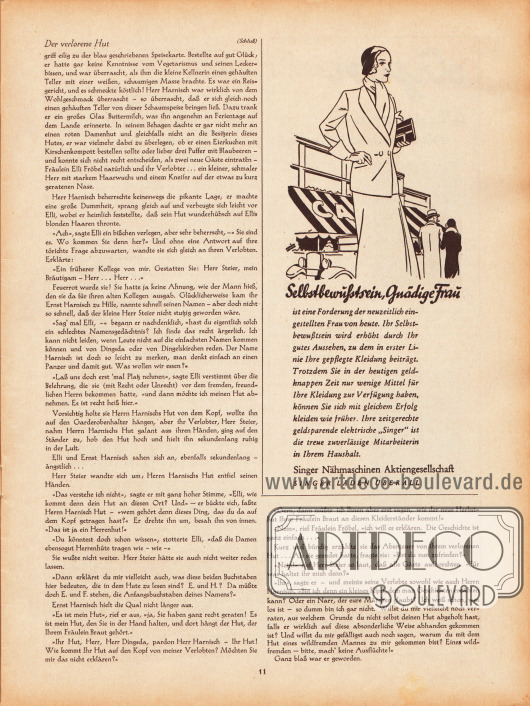 Artikel:
Erich, H., Der verlorene Hut.
Werbung:
Singer Nähmaschinen Aktiengesellschaft.