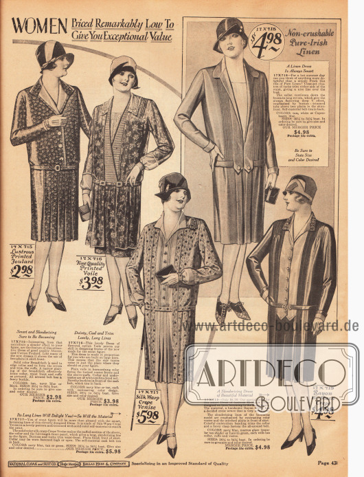 Fünf Tageskleider für vollschlanke Damen aus merzerisiertem Baumwoll-Foulard, geblümtem Baumwoll-Schleierstoff, kühlem irischen Leinen, Seiden Krepp „Venise“ und Rayon Krepp. Westeneinsätze und lange Frontpanele sind an fast allen Modellen zu finden.