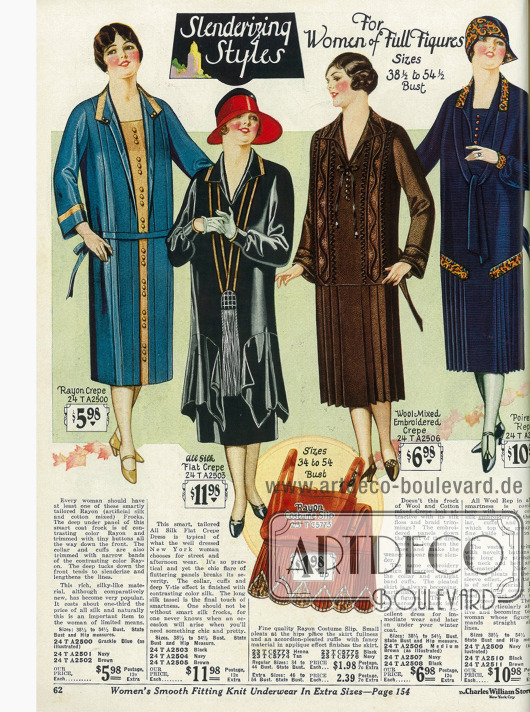 „Verschlankende Kleider für Damen mit voller Figur“
Die Kleider sind aus Rayon und Seiden Krepp sowie aus Wollmischstoffen. Ein hennafarbenes Unterhemd mit Plisseeansatz aus Rayon wird unten präsentiert.