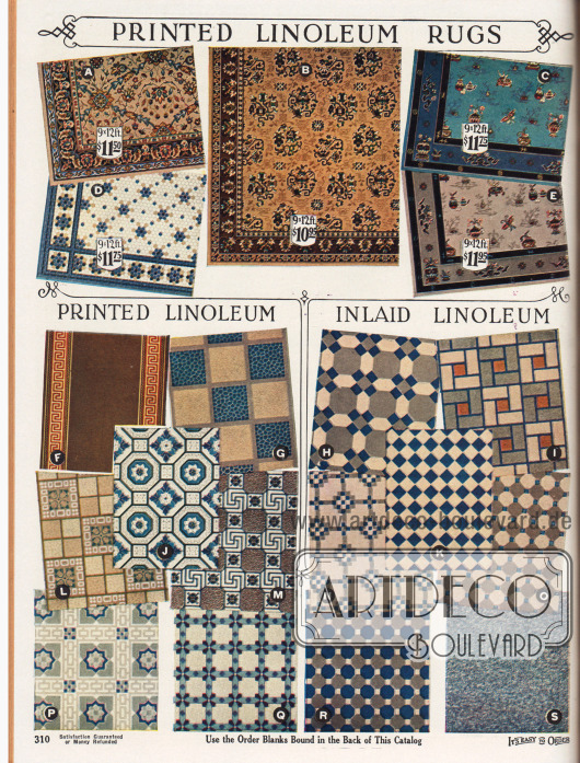 Bodenbeläge aus Linoleum.
Oben sind Linoleum Fußbodenbeläge zu sehen, die wie Teppiche gestaltet sind. Die Beschreibungen sind auf der gegenüberliegenden Seite.
Darunter sind Linoleumbeläge mit aufgedruckten Fliesen und Kacheln („Printed Linoleum“), die den Eindruck von Mosaiken und Kachelböden erwecken („Inlaid Linoleum“).