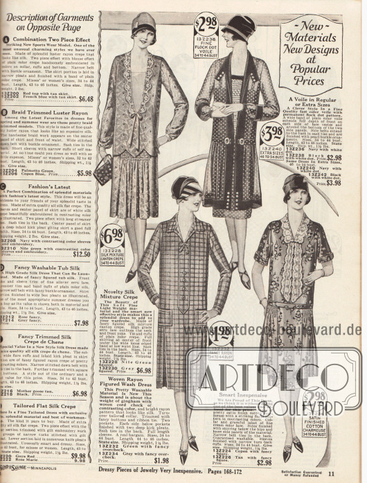 Damenkleider aus Seiden Kanton Krepp, gepunktetem Voile (Schleierstoff), kariertem Rayon oder mit Blüten bedrucktem Baumwoll-Charmeuse mit Satin Oberfläche.
Das erste Kleid besitzt einen Brusteinsatz, der mit welliger Spitze umrahmt ist. Das überlappende Oberteil verdeckt eine Reihenziehung, die den Rock faltig zusammenzieht. Das zweite Modell besteht aus einem blickdichten Unterkleid und einem halbtransparenten Mantel. Eine Frontblende ziert die Brust des dritten Kleides. Unterhalb der aufgesetzten Taschen springen Kellerfalten am Rock auf. Das vierte Modell präsentiert eine Kragengarnitur mit Jabot aus cremefarbener Spitze. Lose Volants sind mit Reihenziehung seitlich befestigt.