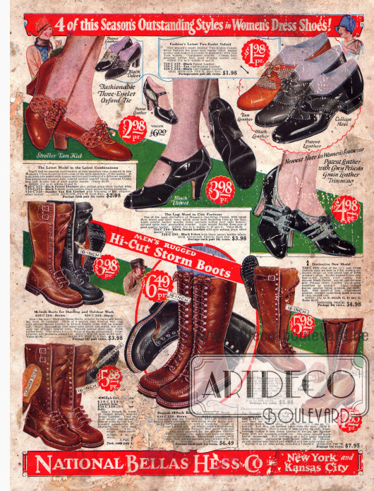 Im oberen Teil des Bildes präsentieren sich Damenschuhe in verschiedenen Varianten: die eleganteren Modelle zeigen hohe Absätze und Stickereien, während die sportlicheren Modelle niedrige Absätze zeigen.
Im Unteren Teil des Bildes wird für robuste Arbeitsstiefel für Männer geworben. Ein Modell präsentiert sich mit dem neuartigen Reißverschluss (Modell rechts unten).