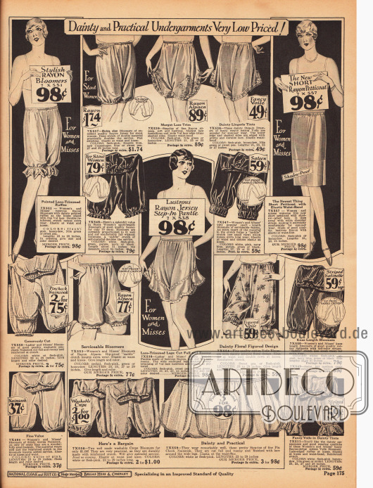 Damenhöschen, Schlupfhöschen und Pumphöschen aus Rayon, Rayon-Alpaka, Schleierstoff, Satin, Rayon-Jersey, kariertem Nainsook (leichtes Musselin, Baumwollstoff) sowie Rayon und Baumwollstoff. Die meisten Modelle sind unifarben, einzelne aber auch gestreift, gemustert oder mit Motiven bedruckt. Zwei Höschen sind mit Spitze berandet.
Oben rechts befindet sich ein kurzer Unterrock (Petticoat) aus blickdichtem Rayon.
