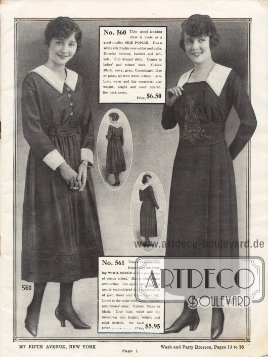 Zwei Damenkleider aus Seiden-Popeline und Woll-Serge. Die weißen Garnituren sind aus Seiden-Popeline (links) und Satin (rechts). Das rechts Kleid weist zudem eine Stickerei aus goldfarbener Seide sowie tiefe Plisseefalten am Rock auf.