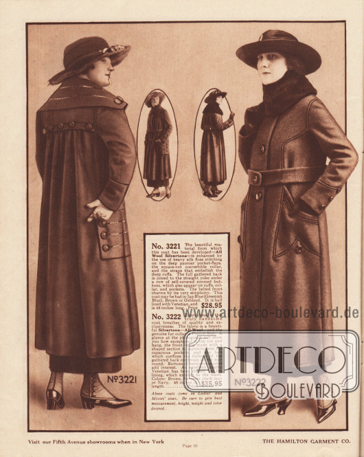 Zwei Damenmäntel der mittleren Preiskategorie für die Herbst- und Wintersaison 1919-20 aus Woll-„Silvertone“ oder reinem Wollgewebe. Der linke Mantel ist in grünlichem Blau (engl. „Jap Blue“), Braun oder Ochsenblut (ähnlich Burgunderrot nur mit stärkerem Lila-Akzent) bestellbar. Der rechte Mantel ist in den Farben Braun, Dunkelbraun oder Marineblau erhältlich.
Beim ersten Mantel ist der Stoff unterhalb der Rückenpasse dicht angesetzt. Der breite Kragen, die Rückenpasse und die Taschen sind mit glänzenden Nähten aus Rohseide und großen Knöpfen besetzt. Der breite Matrosenkragen ist konvertierbar.
Der Kragen des zweiten Modells ist mit Robben- bzw. Seehundfell verbrämt. Die geräumigen Taschen sind mit Paspelierung eingefasst, die sich bis zur Schulter fortsetzt.