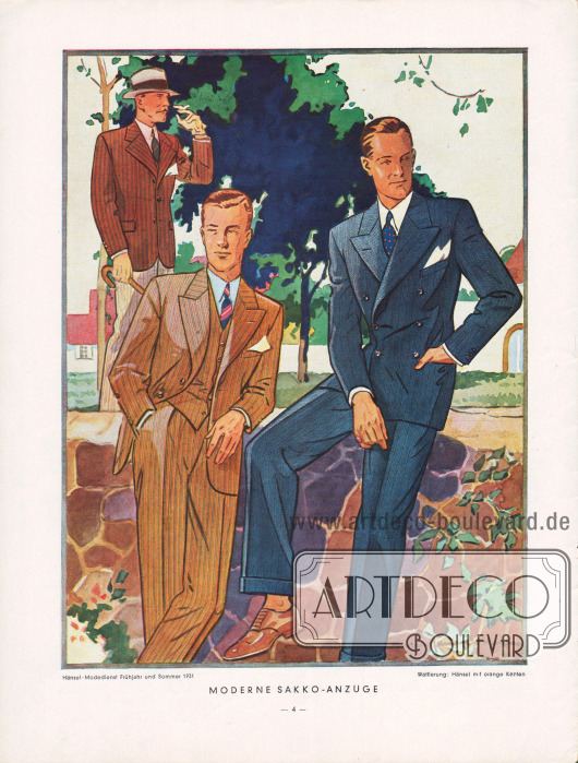 Sommerliche einreihige Sakkoanzüge (links) und ein zweireihiger dunkler Anzug für den eleganten Herrn (rechts).
Zeichnung: Harald Schwerdtfeger.