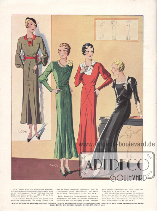 Nachmittagskleider aus Afghalaine, Hammerschlag und Wollgeorgette. Das Bolerokleid rechts aus schwarzem Samt ist mit écrufarbener Spitze an Manschetten und Ausschnitt garniert.