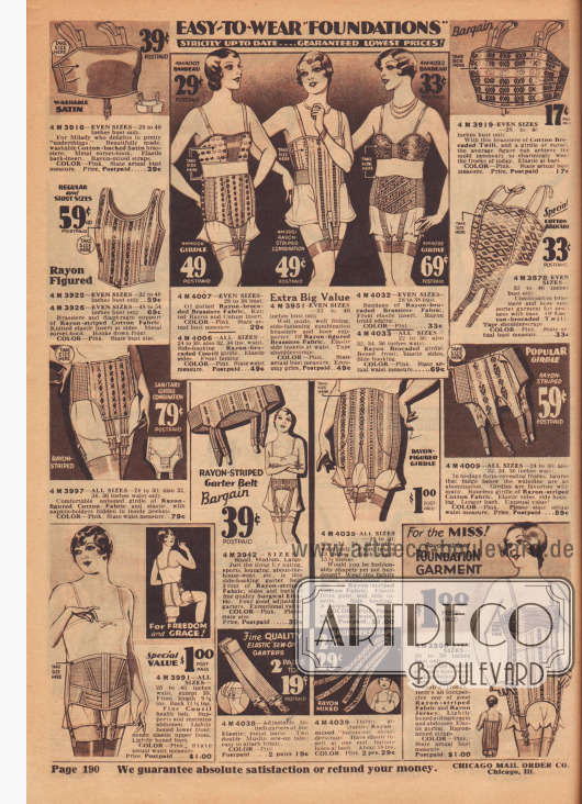 Büstenhalter, Hüfthalter und Strumpfbandhalter aus Satin-, Rayon-, Brokat– und Baumwollgemischen.
