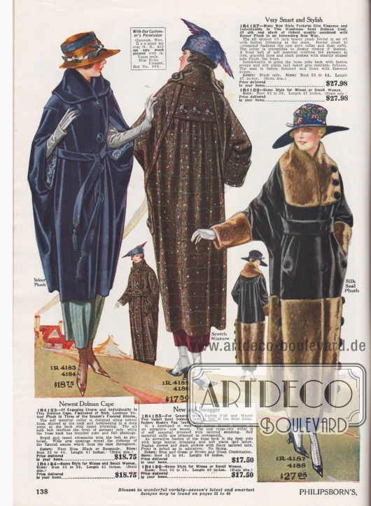 Modische Herbst- und Wintermäntel im Dolman Stil aus marineblauem Velour-Plüsch, Baumwoll-Woll-Mischgewebe in schottischer Musterung sowie schwarzem Seiden-Plüsch mit Robben- bzw. Seehundfelltextur (Webpelz) kombiniert mit etwas dickerer Verbrämung aus biberfellartigem Plüsch.
Das erste Modell ist ein mantelartiger Umhang mit großen Ärmelöffnungen. Der lange Stoffgürtel endet in Posamenten mit Quasten. Das zweite Modell zeigt eine glatte Schulterpasse mit großen Knöpfen. Unterhalb der Passe ist der Stoff eng angesetzt und fällt in weichen Falten, wodurch der Mantel seine Weite erhält. Großzügig gearbeitete Raglanärmel. Auch der dritte Mantel zeigt die moderne, weit geschnittene Rückenpartie und großzügig angesetzte Ärmel. Reiche Knopfverzierung.