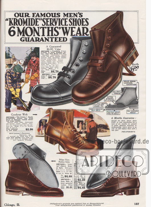 „Unsere berühmten ‚Kromide‘ Dienstschuhe – mit 6 Monaten Tragegarantie“ (engl. „Our Famous Men’s ‚Kromide‘ Service Shoes – 6 Months‘ Wear Guaranteed“).
Ein Paar dienstbare Arbeitsschuhe mit Derby-Schnürung (oben) und drei elegante Paare Halbstiefeletten (unten). Die Schuhpaare sind aus Kalbsledern oder Juchtenleder (hier engl. „Mahogany Russia leather“, speziell gegerbtes Kalbs- oder Rindsleder).
Das Oberleder und die Sohlen des armeetauglichen Arbeitsschuhs sind vernietet und qualitativ hochwertig verarbeitet. Die eleganten Straßenschuhe unten sind Goodyear welted (Rahmenvernäht) und zeigen Lochlinienverzierungen. Zwei der Paare zeigen die Oxford-Schnürung.