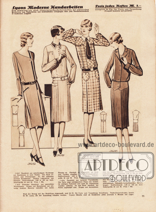 4112: Hauskleid aus mittelfarbigem Wollkrepp mit Bandbesatz in zwei Farben. Den Rock erweitert eine Faltengruppe. An den schlanken Ärmeln Knopfbesatz. Dunkler Ledergürtel mit Schnalle.
4113: Einfaches Hauskleid aus gestreiftem Wollmusseline. Kragen und Manschetten aus einfarbig dunklem Material schließen mit hellen Blenden ab. Oberhalb der Faltenteile am Rock sind Taschen eingefügt. Heller Wildledergürtel.
4114: Hauskleid aus karierter Traviséseide. Die Taille zeigt schrägkarierte Passe und Ärmel. Im schrägen Fadenlauf sind auch die aufgesetzten Taschen gehalten, die dem Rock oberhalb der Falten angeknöpft sind. Kragen und Ärmelbündchen aus hellem Material. Abstechende Krawatte. Ledergürtel.
4115: Hauskleid aus mittelgrünem Wollkrepp. Den Plisseerock unterbricht eine glatte Vorderbahn. Vorderteile und Hüftpasse sind übereinandergeknöpft. Geknöpfte Ärmelbündchen. Reverskragen.