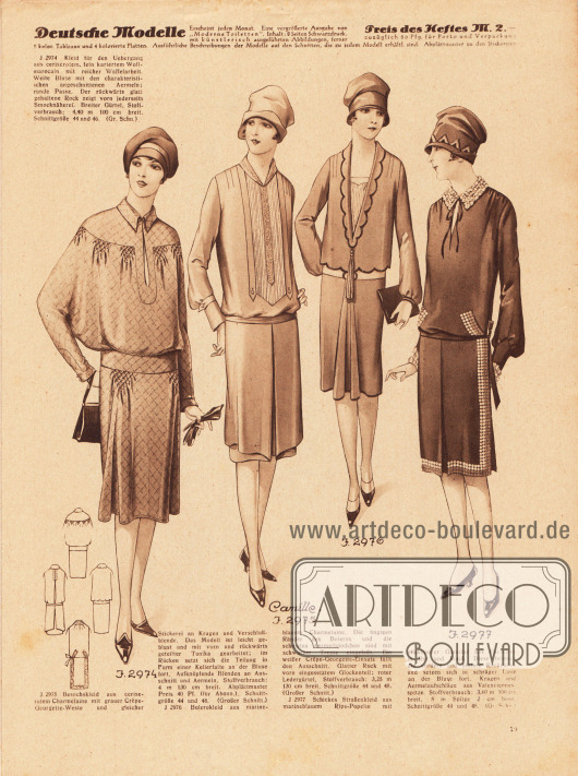 2974: Kleid für den Übergang aus ceriserotem, fein kariertem Wollmarocain mit reicher Waffelarbeit. Weite Bluse mit den charakteristischen angeschnittenen Ärmeln; runde Passe. Der rückwärts glatt gehaltene Rock zeigt vorn jederseits Smocknäherei. Breiter Gürtel.
2975 (Camille): Besuchskleid aus ceriserotem Charmelaine mit grauer Crêpe-Georgette-Weste und gleicher Stickerei an Kragen und Verschlußblende. Das Modell ist leicht geblust und mit vorn und rückwärts geteilter Tunika gearbeitet; im Rücken setzt sich die Teilung in Form einer Kellerfalte an der Bluse fort. Aufknöpfende Blenden an Ausschnitt und Ärmeln.
2976: Bolerokleid aus marineblauem Charmelaine. Die bogigen Ränder des Boleros und die schmalen Ärmelbündchen sind mit schwarzer Tresse eingefaßt. Ein weißer Crêpe-Georgette-Einsatz füllt den Ausschnitt. Glatter Rock mit vorn eingesetztem Glockenteil; roter Ledergürtel.
2977: Schickes Straßenkleid aus marineblauem Rips-Popelin mit effektvoller Garnitur aus Pailletten in Rot und Weiß. Diese betonen die vordere und hintere Rockpartie und setzen sich in schräger Linie an der Bluse fort. Kragen und Ärmelaufschläge aus Valenciennesspitze.