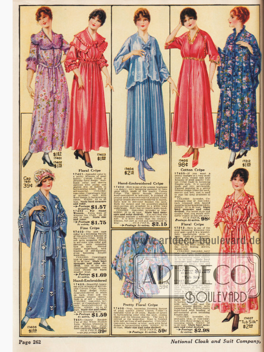Kimonos und Morgen- und Abendroben aus bedruckten Crêpestoffen.