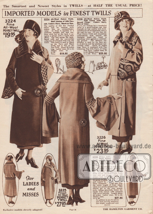 „Importierte Modelle aus feinsten Geweben“ (engl. „Imported Models in Finest Twills“). Damenmäntel der gehobenen mittleren Preiskategorie aus feinster Poiret Wolle.
Der erste Mantel ist in der Front glatt und geradlinig verarbeitet, besitzt im Rücken aber einen aufgestickten Gürtel, dessen Musterung an Kragen und den weiten Ärmeln gespiegelt wird.
Auch die Ärmel des mittleren Modells sind weit und glockig gearbeitet. Im seitlichen hinteren Bereich zeigt sich eine geradlinige Faltengruppe, die an der Hüfte mit einem kokardenartigen Ornament abschließt. Biesen und Stickerei zieren Kragen und Ärmel.
Das dritte Modell präsentiert flächige und farblich abstechende Soutache-Stickerei an Unterärmeln und Kragen.
