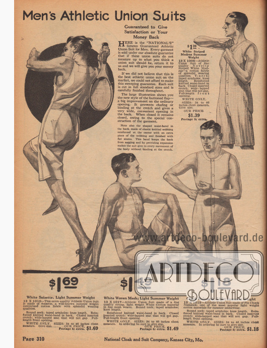 Sommerliche Sportunterwäsche für den Herrn. Athletische einteilige Hemdhosen für Männer mit Knopfleisten vorne und nicht ganz knielangen Hosenbeinen. Die Hemdhosen aus Madras (Baumwollstoff), Soisette (merzerisierte Baumwolle), Baumwollmaschengewebe und Nainsook (Baumwollstoff).